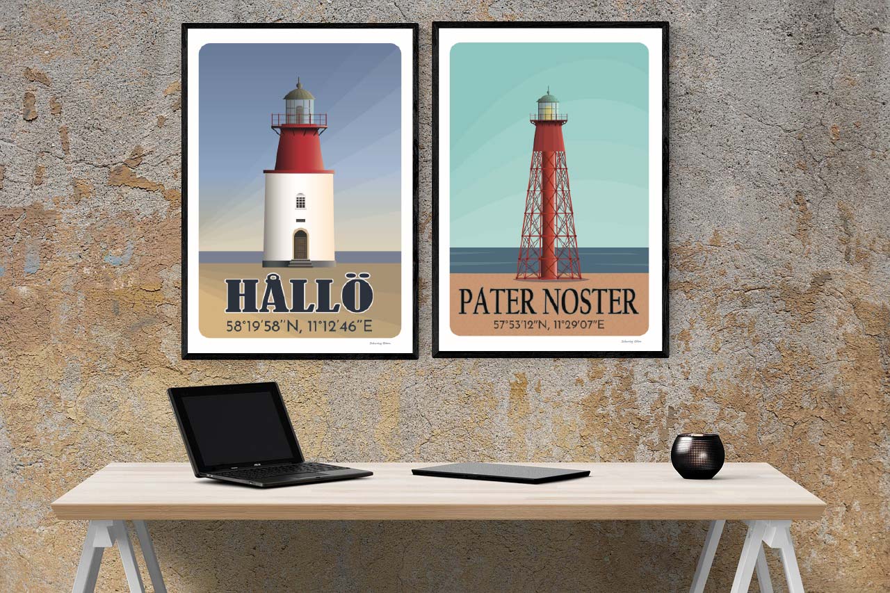Framed posters of Pater Noster and Hållö lighthouses